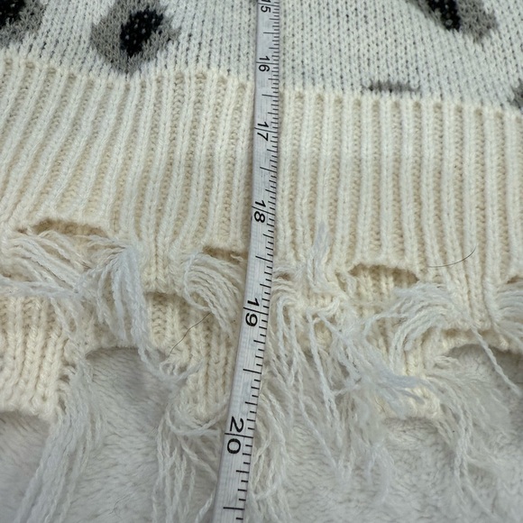 Cloud Chaser leopard print boho sweater cream black gray fringe frayed hems Med - Picture 7 of 10